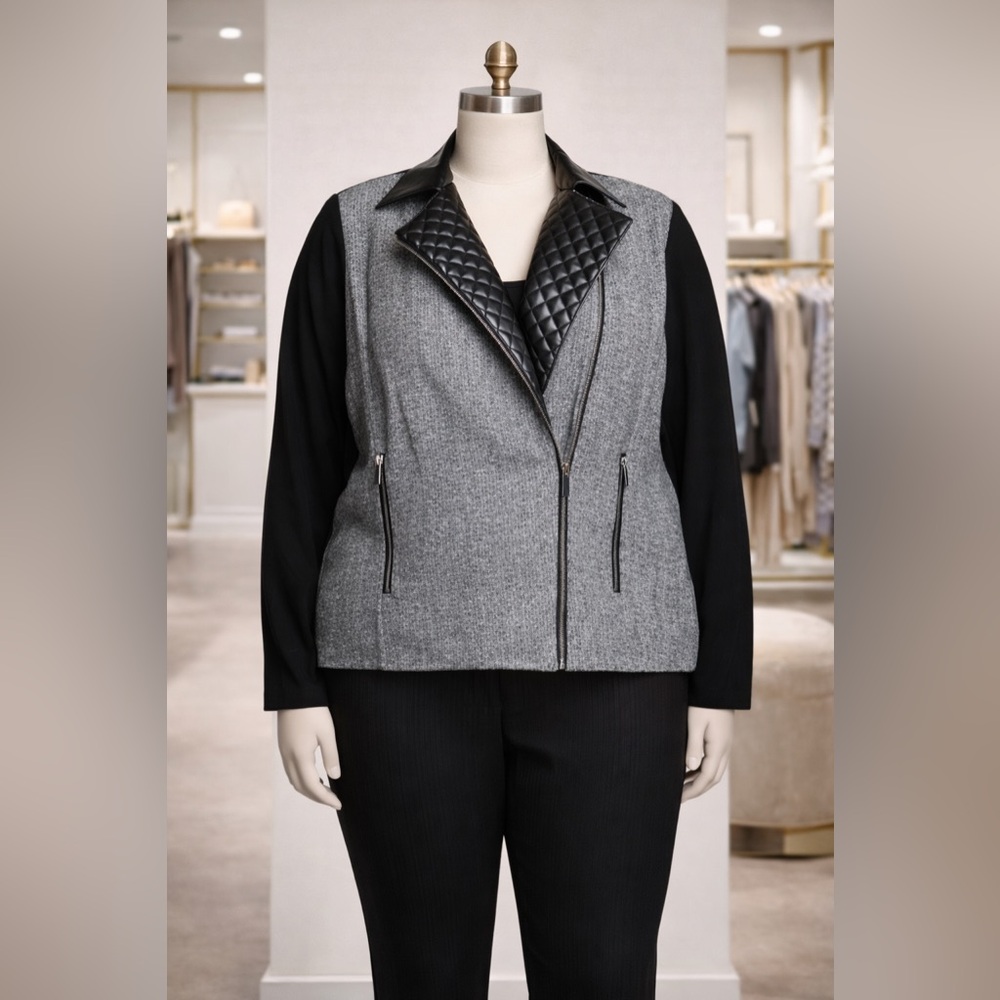 AMANDA & CHELSEA Faux Leather Quilted Tweed Moto Jacket
